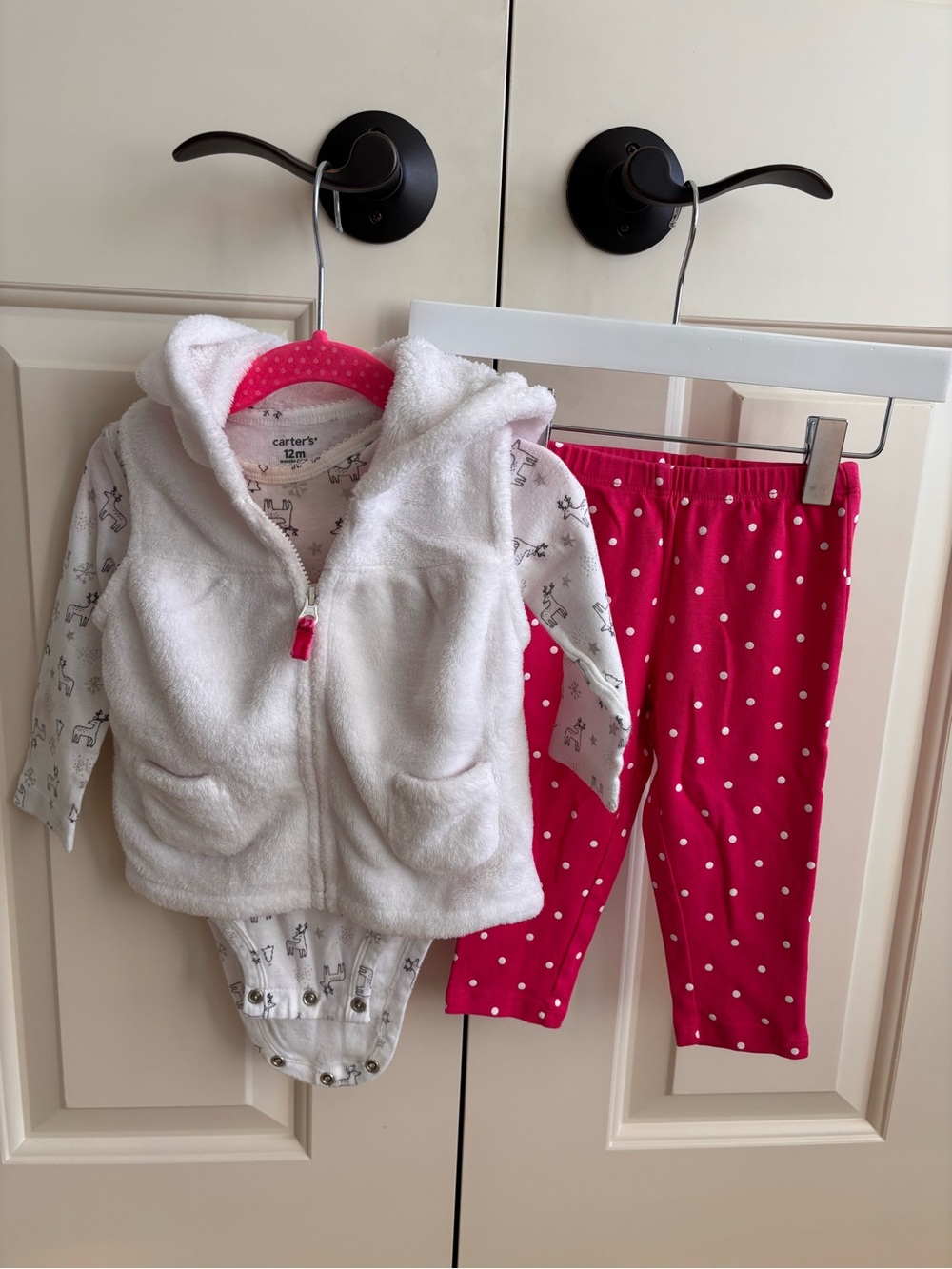 Carter's White Sherpa Hooded Vest with Pink Polka Dot Leggings